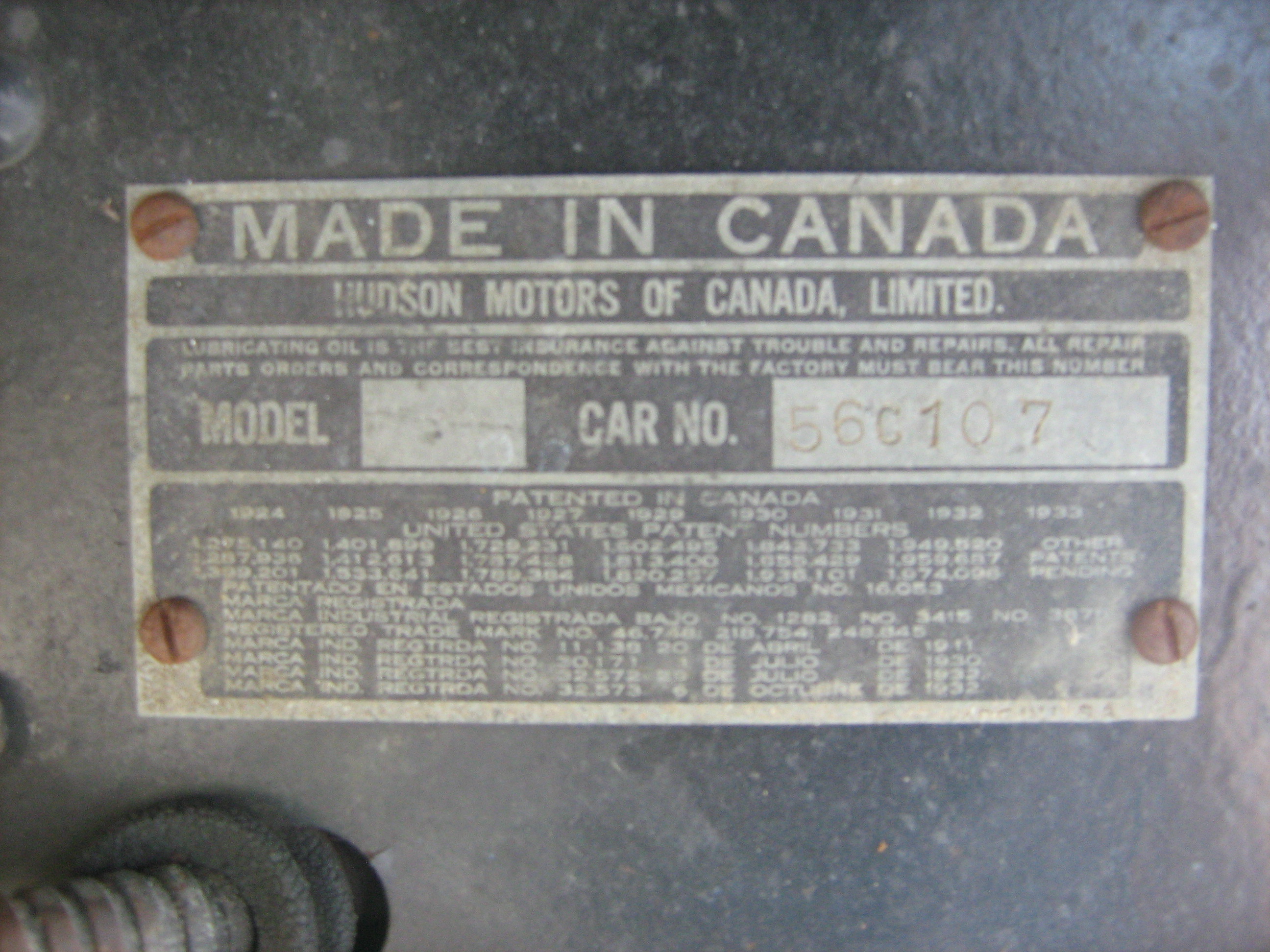 Tilbury, Ontario Hudson made car's VIN
